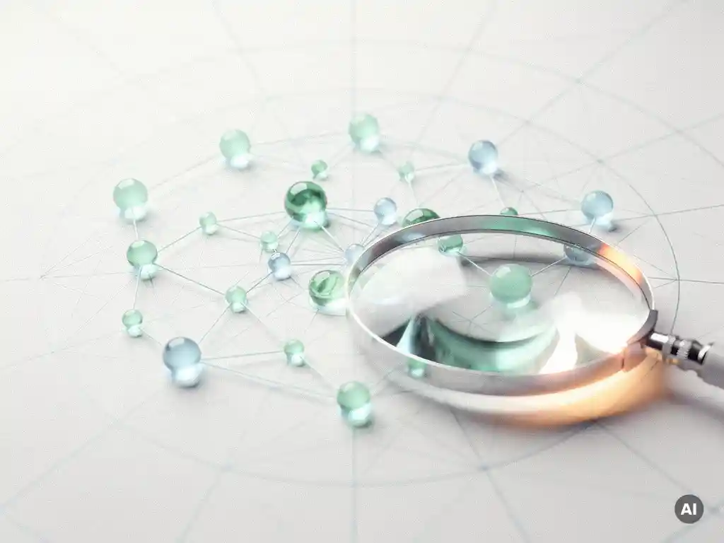 Holografisches Netz leuchtender Knoten symbolisiert Website-Unterseiten, gescannt von einer schwebenden Lupe in Mintgrün und Elektroblau.