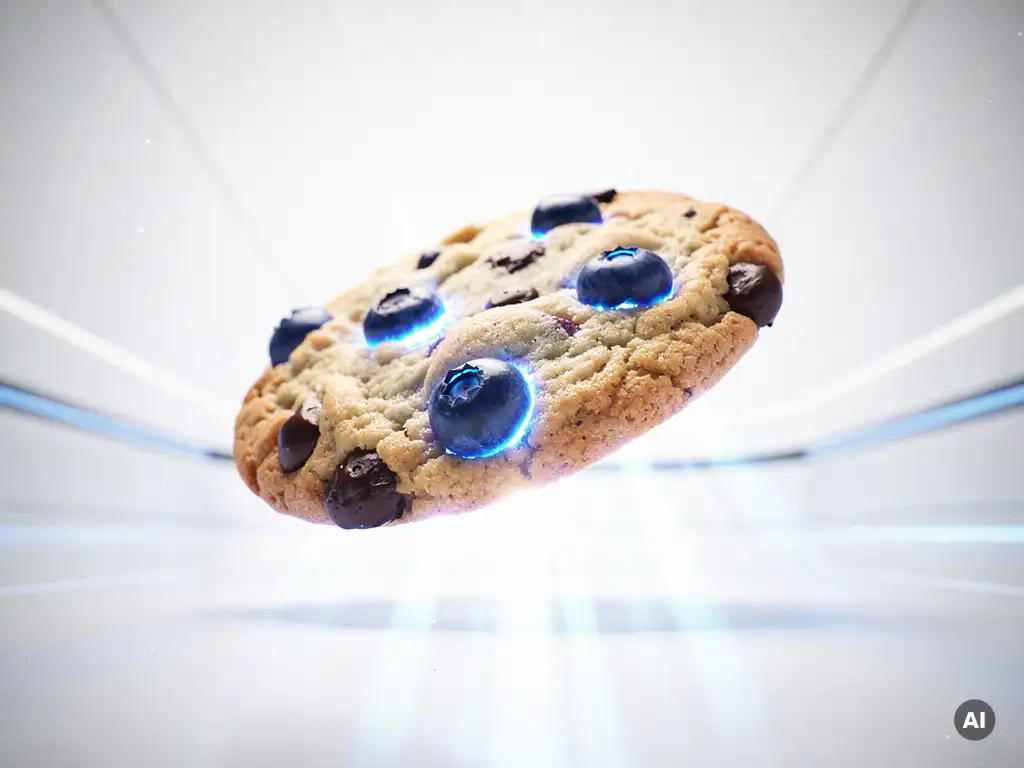 Schwebender Schokoladenkeks mit leuchtend blauen Beeren, aufgenommen von unten vor futuristischem weißblauem Hintergrund mit digitalen Lichtstrahlen.
