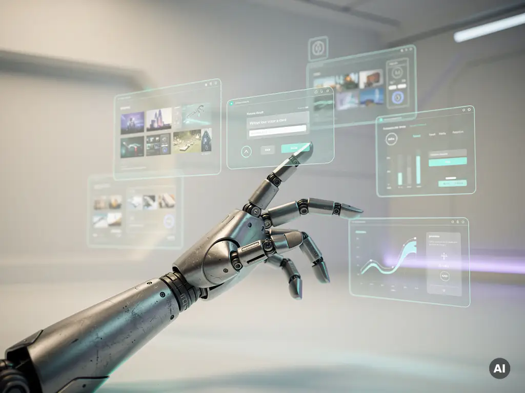 Roboterhand justiert schwebende holografische UI-Panels mit Karussells und Modalfenstern in futuristischem weißen Studio.