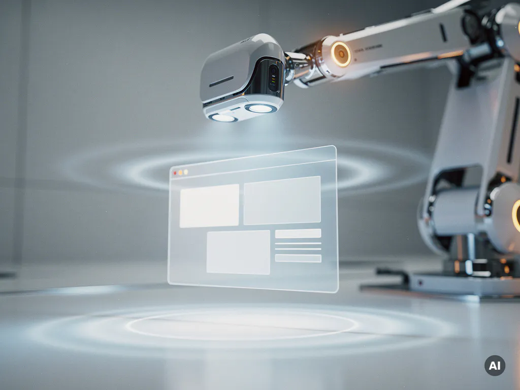 Robotischer Scanner-Arm analysiert holografische Website-Oberfläche und markiert Barrierefreiheitsprobleme in futuristischem Studio.
