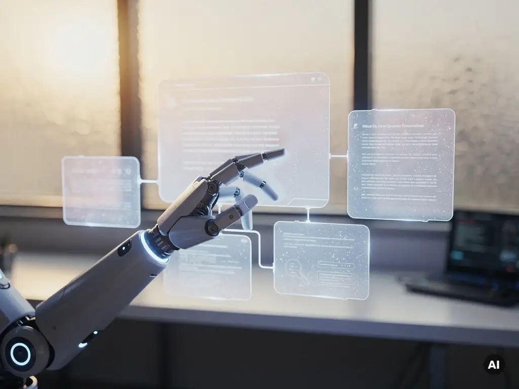 Roboterarm scannt schwebende, transparente Webseitenstruktur mit verzweigten Unterseiten in blau-violettem Licht, moderner Arbeitsbereich.