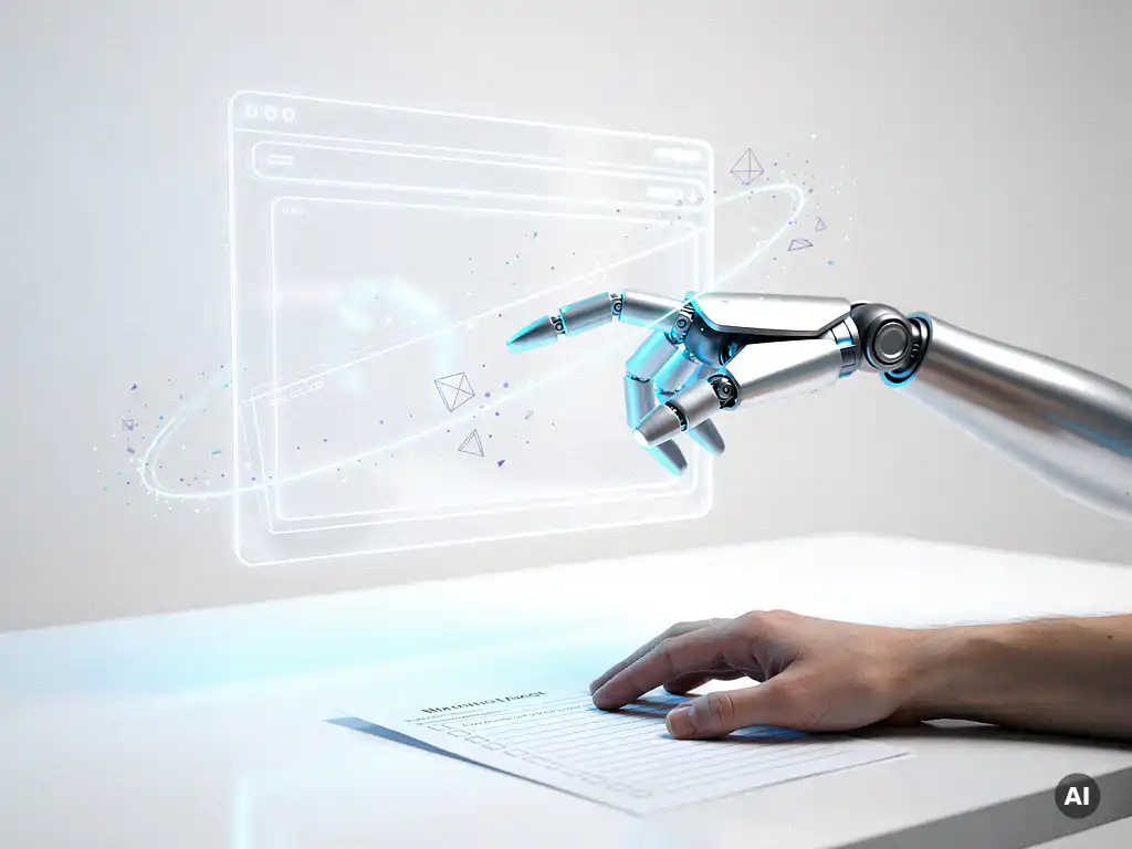 Roboterarm mit leuchtend blauen Fingerspitzen scannt eine schwebende Webseite, daneben eine Hand mit Papierchecklist auf weißem Schreibtisch.