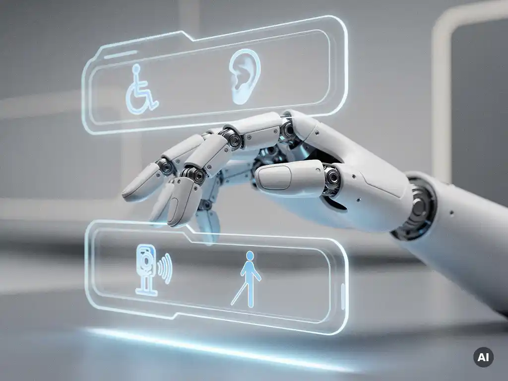 Roboterhand schwebt über leuchtendem holografischem Dropdown-Menü mit eingebetteten Barrierefreiheitssymbolen in blau-weißen Tönen.