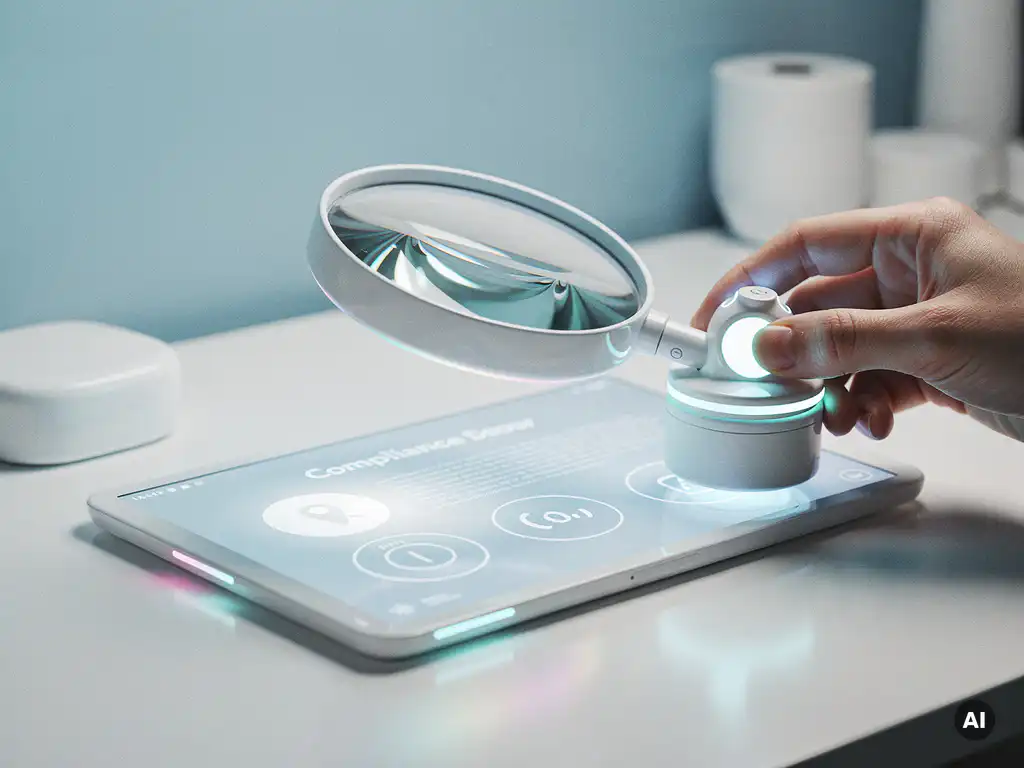 Futuristische Lupe über leuchtendem Bildschirm mit vergrößertem Text, Hand justiert Zoom-Regler, moderner Compliance-Arbeitsplatz in Blau und Weiß.