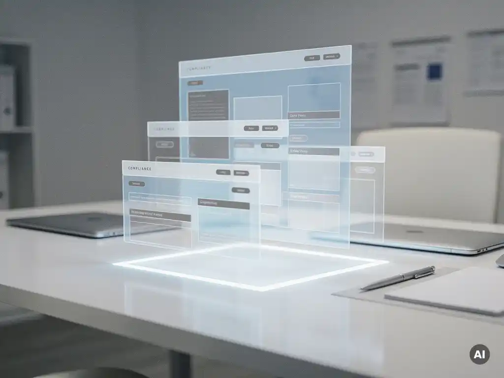 Holografische Website-Seitenstruktur mit transparenten Ebenen für Navigation und Inhalte über modernem weißem Schreibtisch.