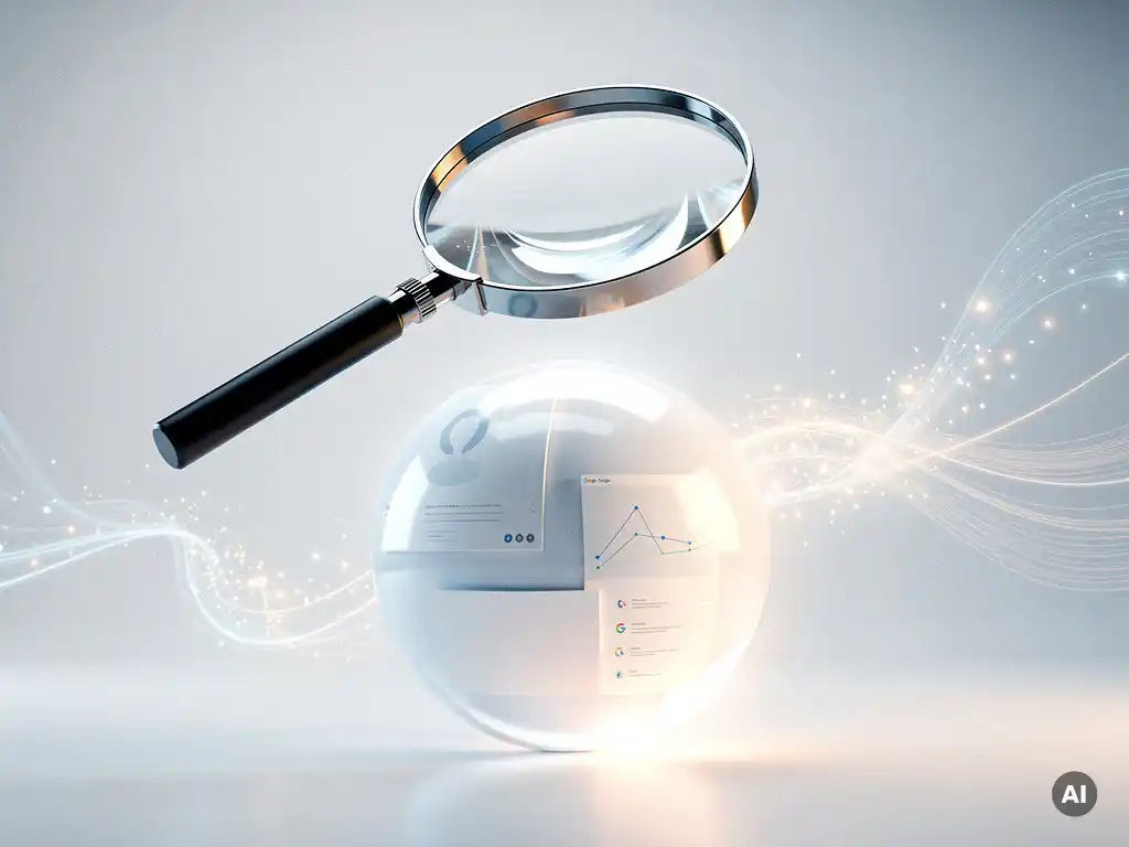 Futuristische Lupe über leuchtendem Globus mit Website-Interface und Google-Analytics-Datenströmen in Blau und Amber.