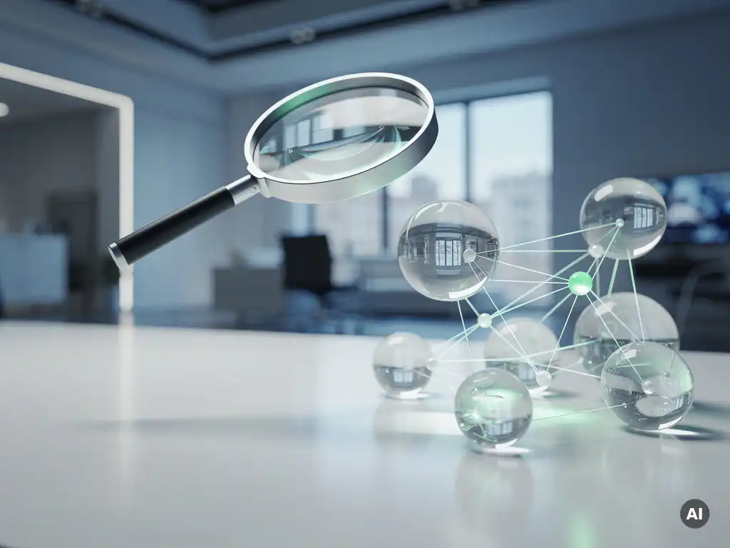 Futuristische Lupe schwebt über leuchtendem holografischem Netzwerk aus Glasknoten auf weißem Schreibtisch in modernem Studio.