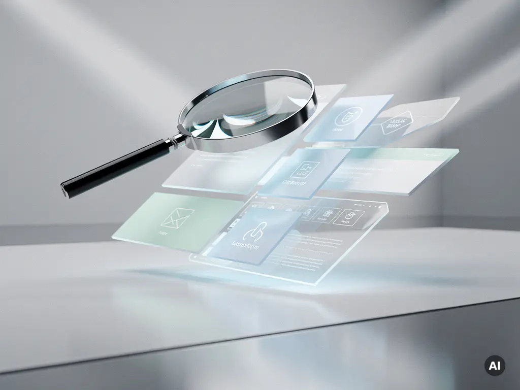 Lupe schwebt über leuchtendem, transparentem Website-Interface in futuristischem Arbeitsbereich mit eisblauem Licht.