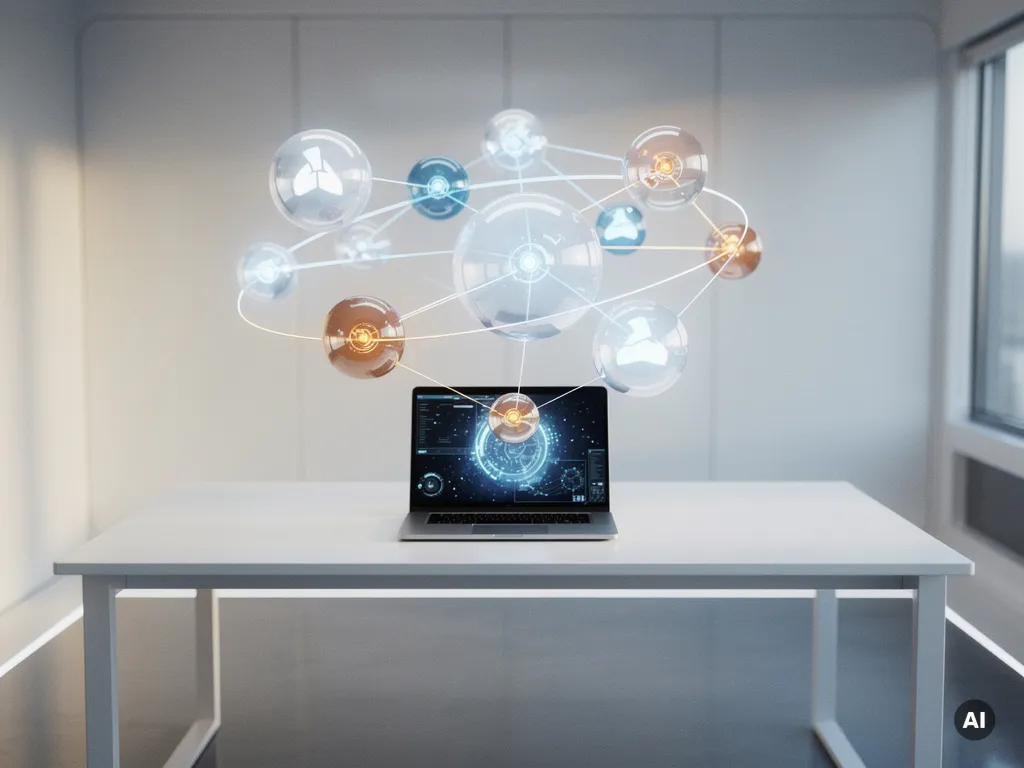 Futuristischer Kontrollraum mit holografischen Netzwerkknoten über weißem Schreibtisch, Laptop verbunden mit Drittanbieter-Sphären, amber Risikoindikatoren.