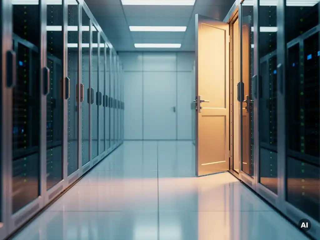 Futuristischer Serverraum-Korridor in Blau und Weiß mit halb geöffneter Tür, die warmes Bernsteinlicht auf den glänzenden Boden wirft.