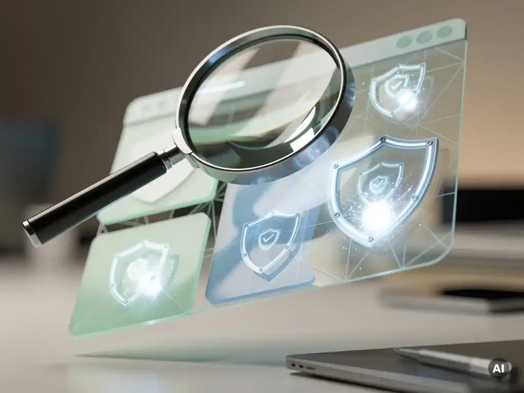 Futuristische Lupe über leuchtendem Website-Wireframe mit eingebetteten Schild-Icons zur Erkennung von Sicherheitslücken in Mint und Blau.