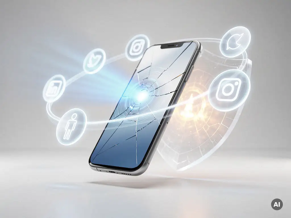 Futuristisches Smartphone schwebt in der Luft, blauer Scan-Strahl trifft Social-Media-Icons, angerissenes digitales Schutzschild mit Warnglow.