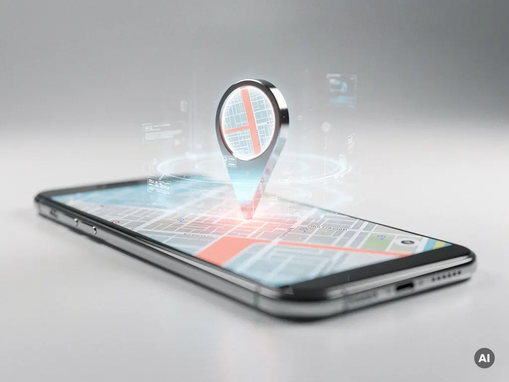 Holografischer Kartenpin schwebt über Smartphone mit Straßenkarte, umgeben von transluzenten Datenströmen in Blau und Koralle.
