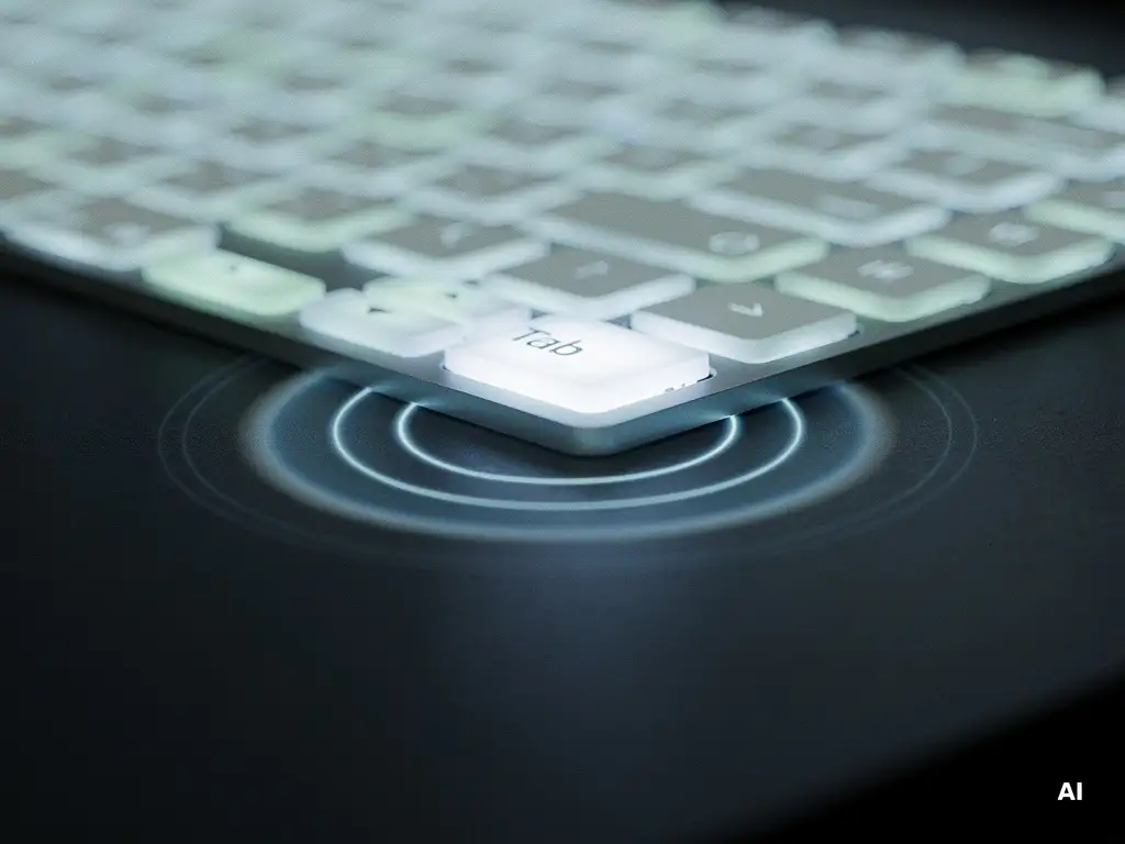 Beleuchtete Tab-Taste auf dunkler Tastatur mit blauen Fokusringen, die sich wellenartig auf dem Schreibtisch ausbreiten.