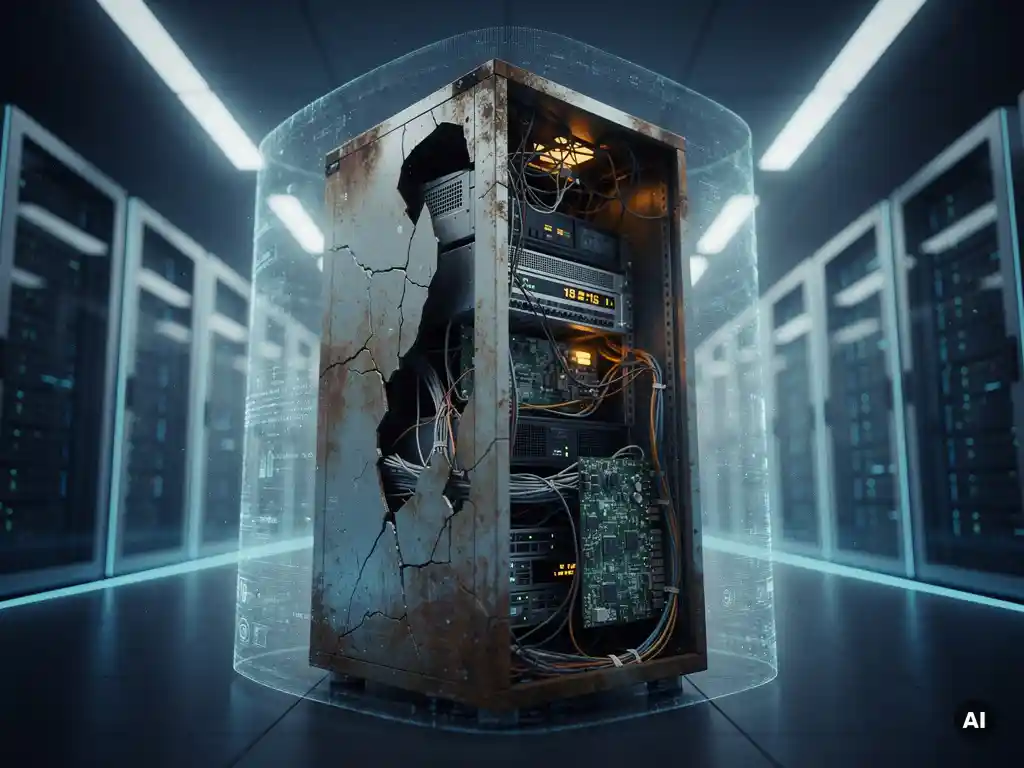 Veraltetes, staubiges Server-Rack mit freiliegenden Schaltkreisen in modernem Rechenzentrum, umgeben von blauem Umgebungslicht.