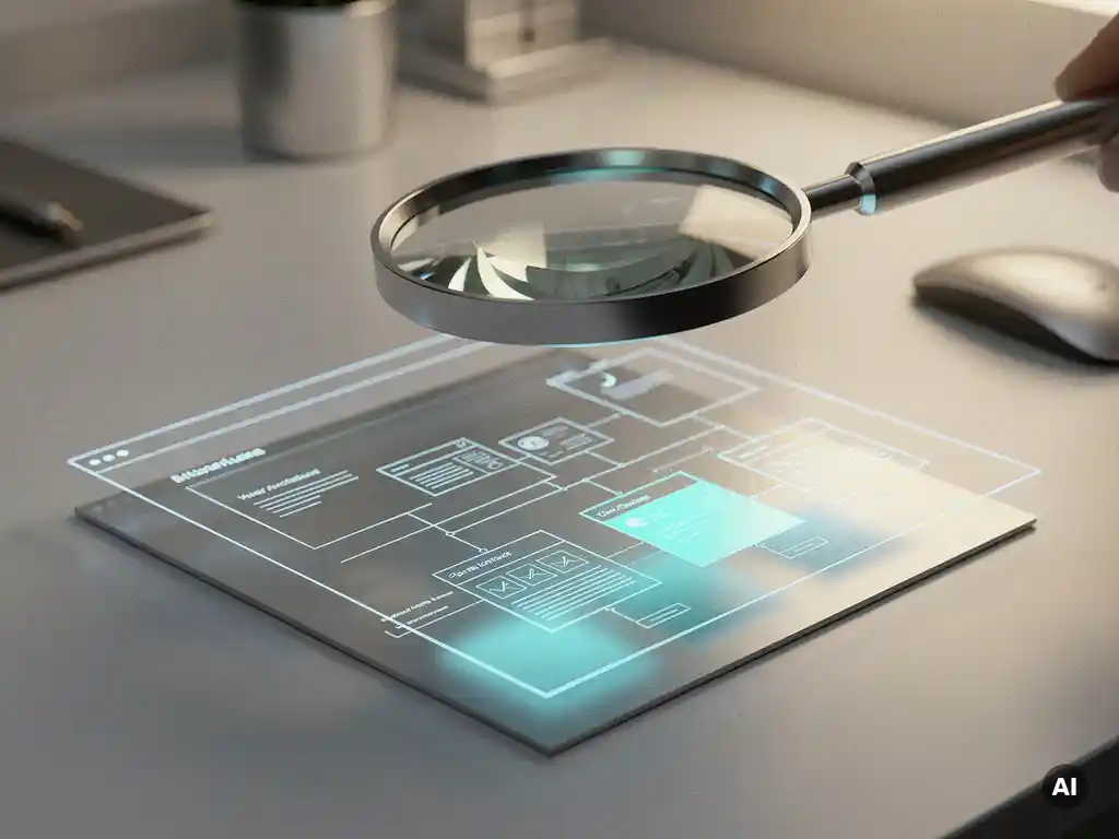 Futuristische Lupe über leuchtendem Website-Architektur-Blueprint mit cyan hervorgehobenen Unterseiten auf silber-blauem Untergrund.