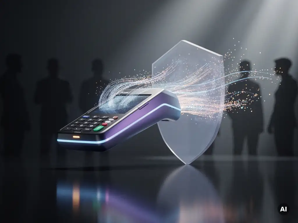 Futuristisches Zahlungsterminal mit leuchtenden Datenströmen und digitalem Schutzschild in Blau- und Violetttönen.